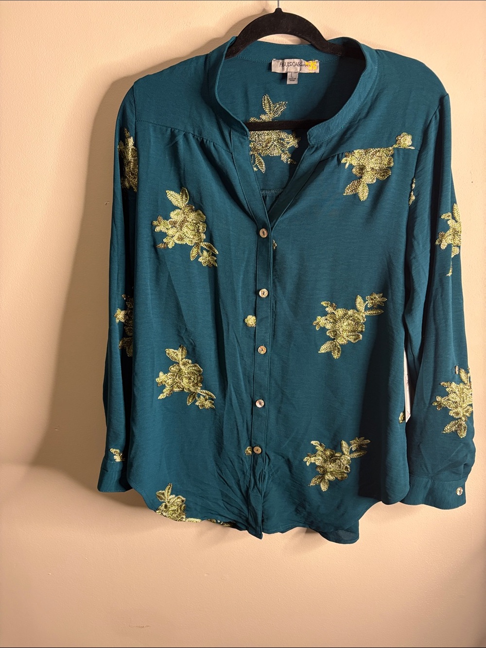 Teal Floral  Blouse with Gold Embroidery - Anthropologie Figueroa & flower